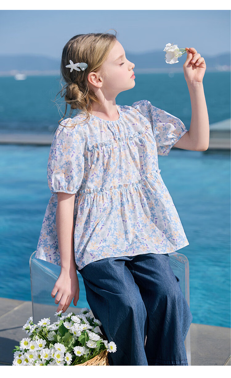 CHANZUIGOU Girls' Floral Doll Collar Shirt 2026 Summer New Pure Cotton Sweet Shirt 18